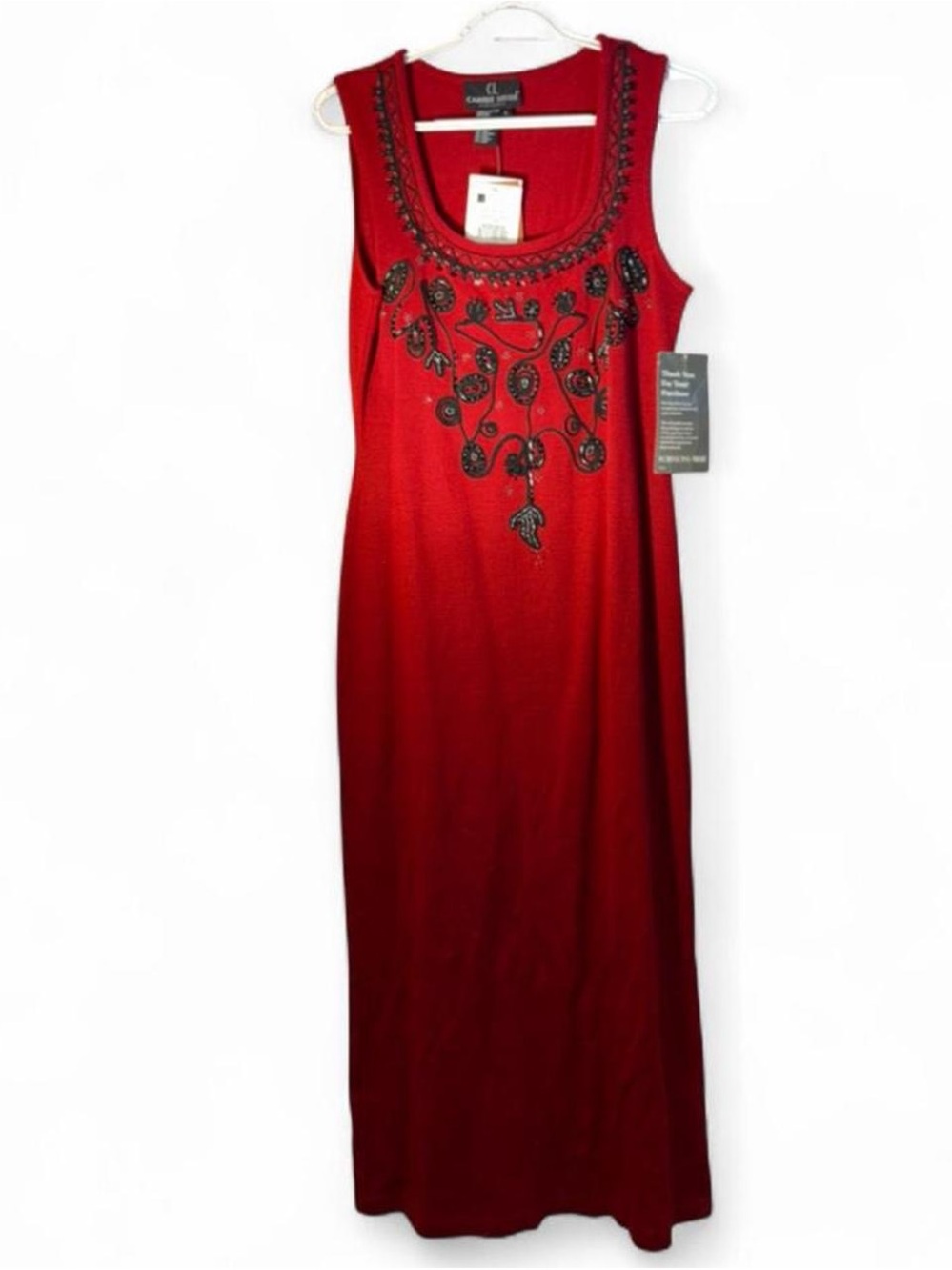 Carole Little Red Sleeveless Maxi Dress with Black Beaded Embellishment